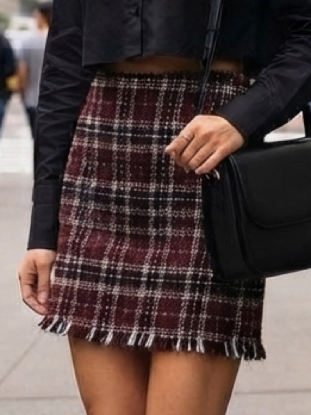 Sanctuary Plaid Tweed Mini Skirt Fringe Gold Metallic Burgundy Black Sz L Preppy